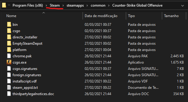 Caminho no windows para chegar na pasta para adicionar a CFG no CSGO