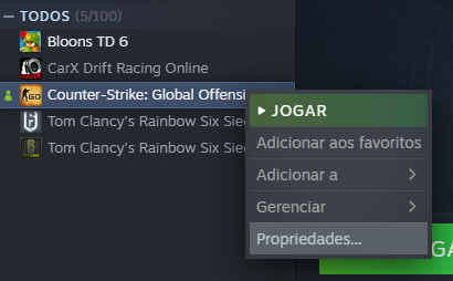 caminho para acessar a propriedade do CSGO para gerar a CFG